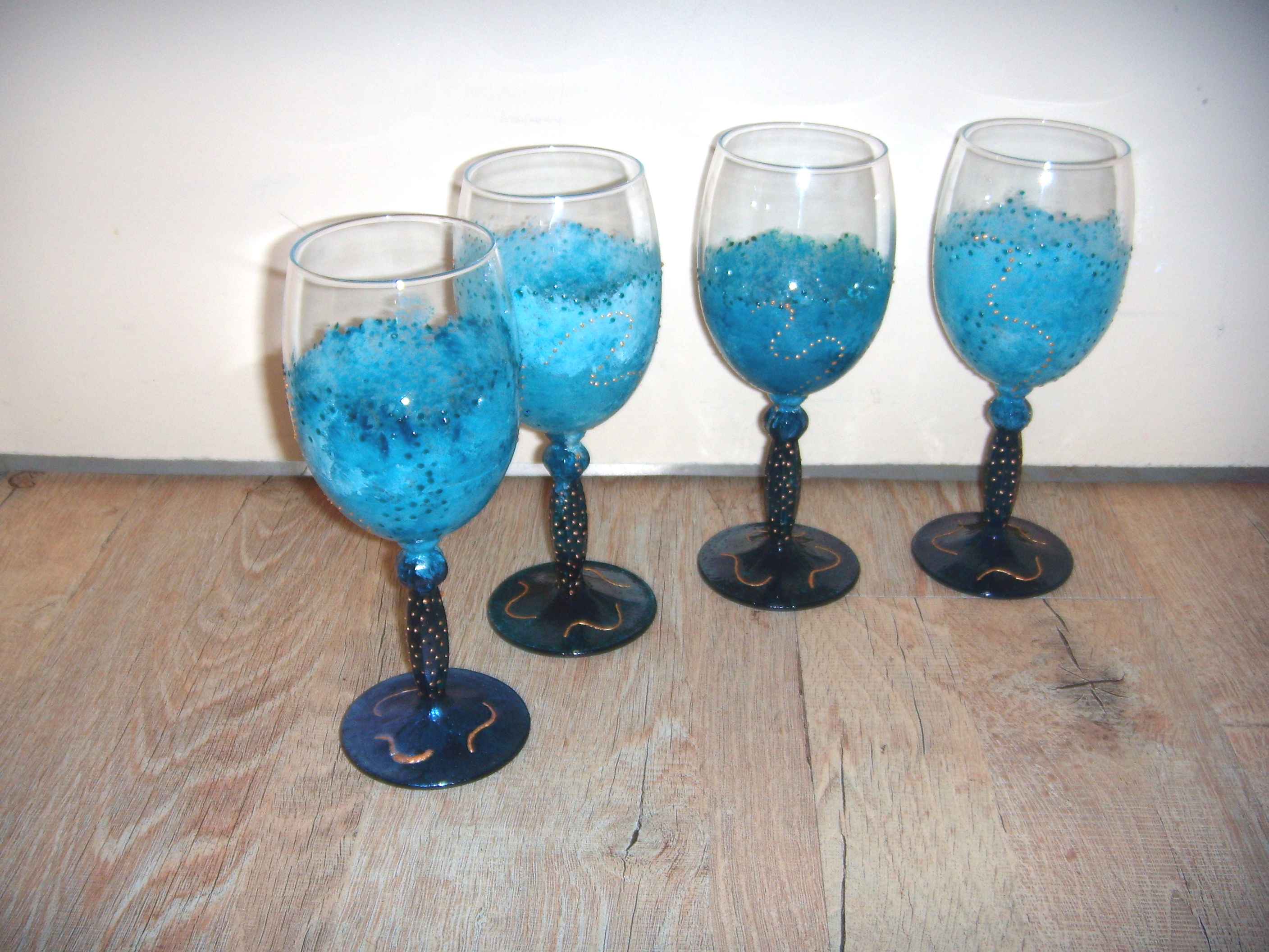 4 Verres Vintage Bleu Et Brun - Lot Idéal Pour Ambiance Rétro